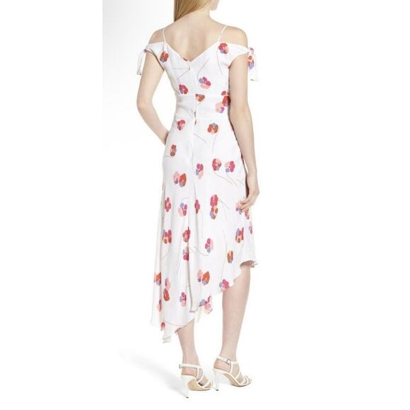 Lewit White Floral Carla Dress Tie Sleeve Asymmetrical Cold Shoulder Size 8 NEW - Picture 2 of 9